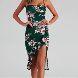 Floral green ruffle slit dress